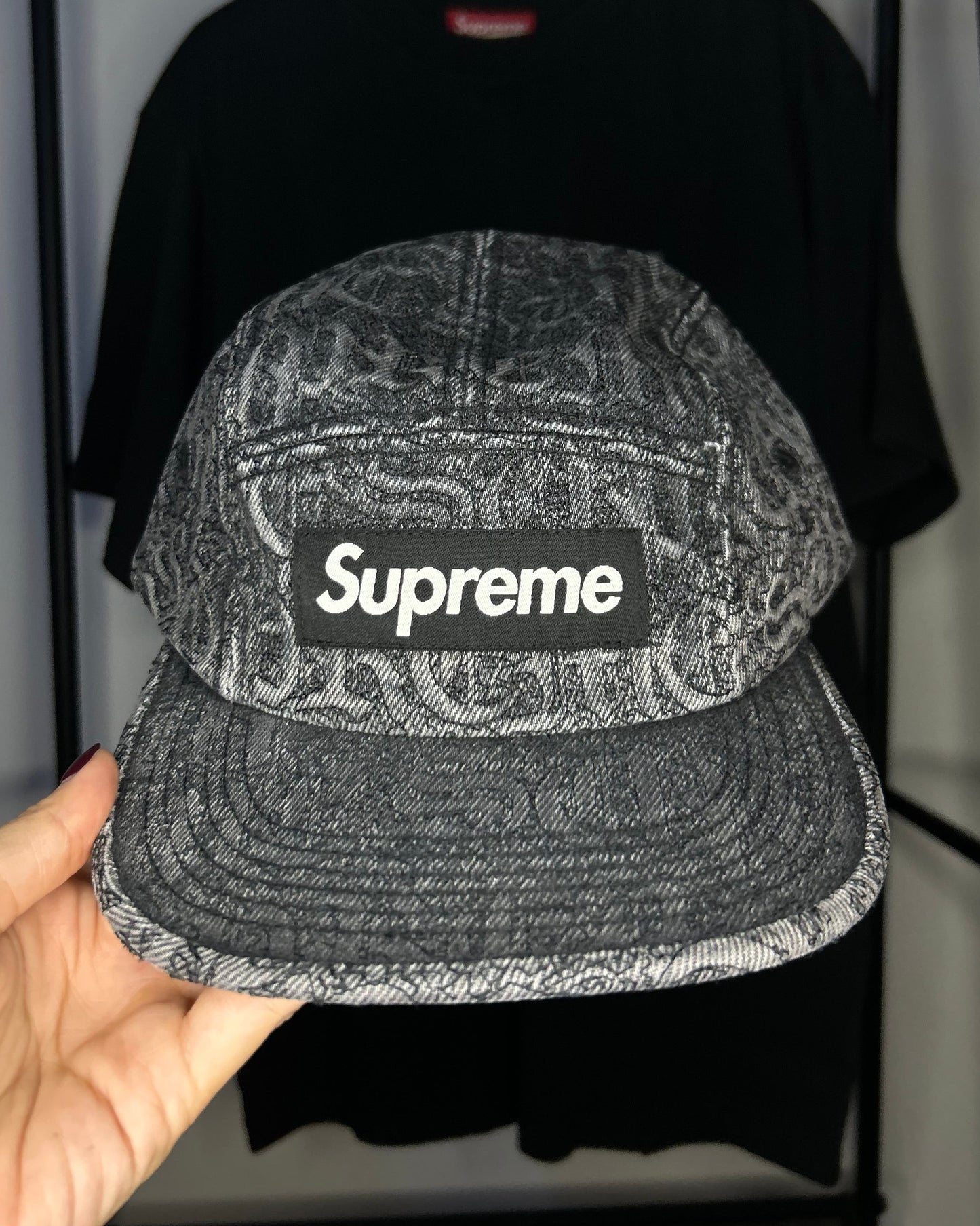 Stitched Old English Denim Camp Cap Black