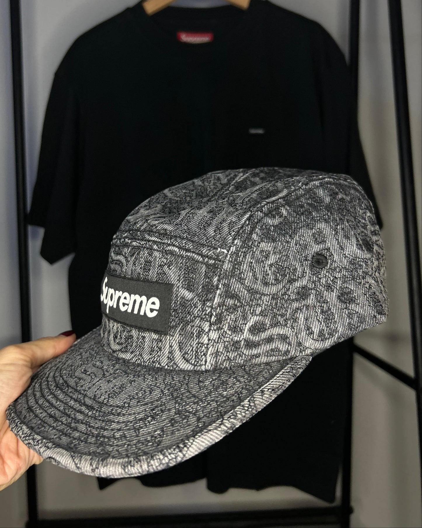 Stitched Old English Denim Camp Cap Black