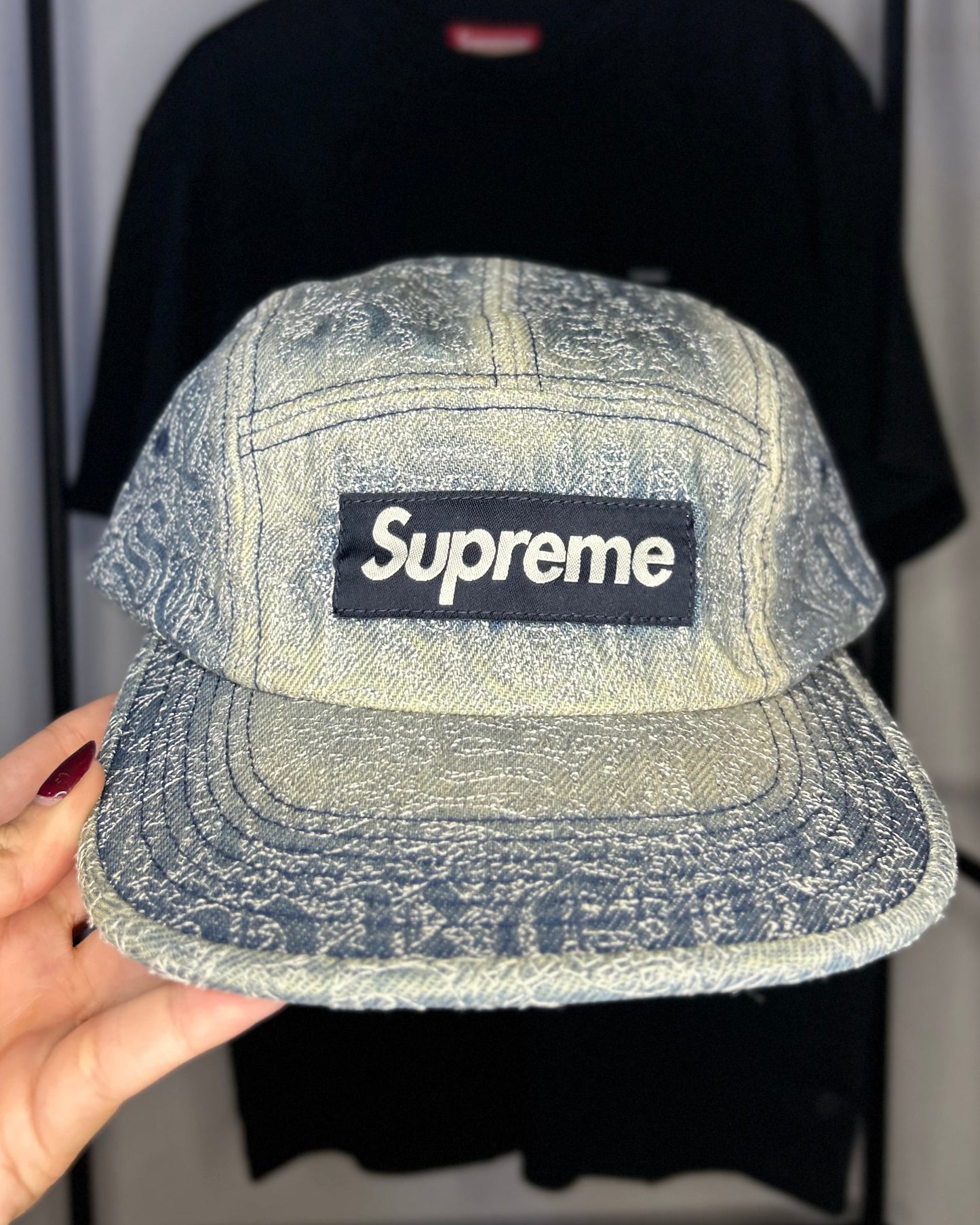 Stitched Old English Denim Camp Cap Blue