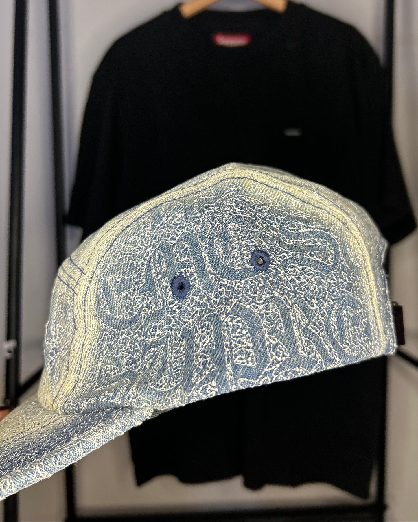 Stitched Old English Denim Camp Cap Blue