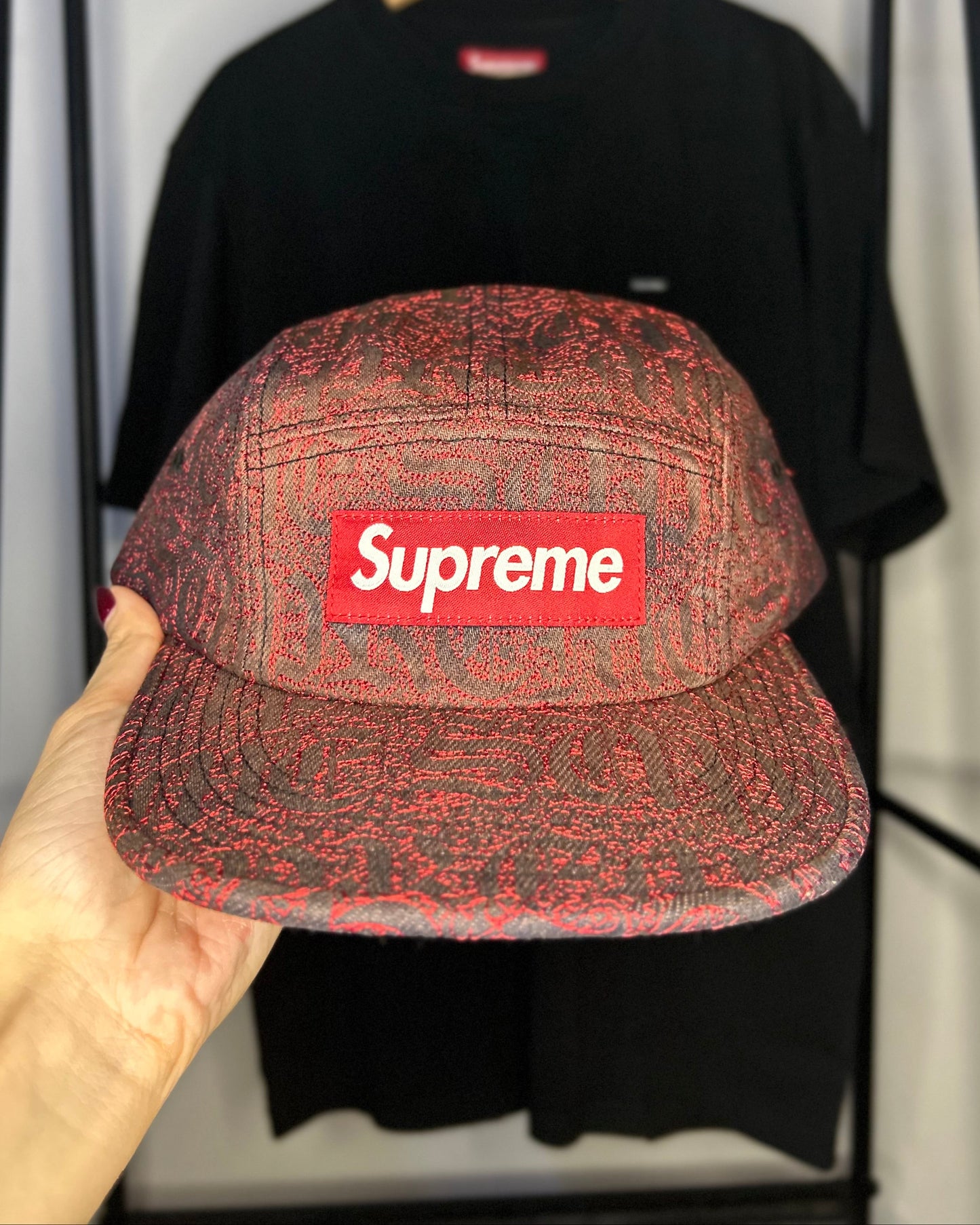 Stitched Old English Denim Camp Cap Red